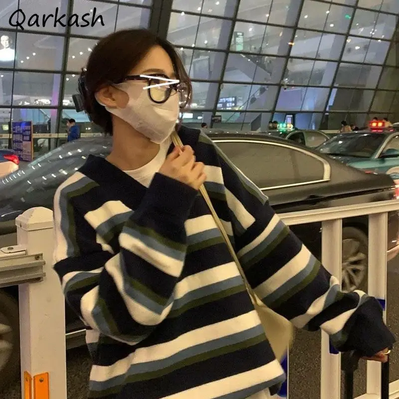 

Pullovers Women Baggy Striped Ulzzang Vintage Chic V-neck Soft Ins Leisure Sweaters Designed Students Boyfriend Unisex All-match