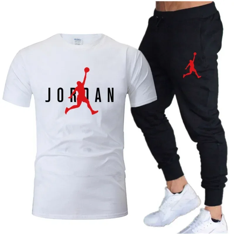 Summer Men's Tracksuit Suit Short Sleeve T-Shirt + Trousers 2-Piece Sets Fitness Jogging Sports Pants Sportswear Suit