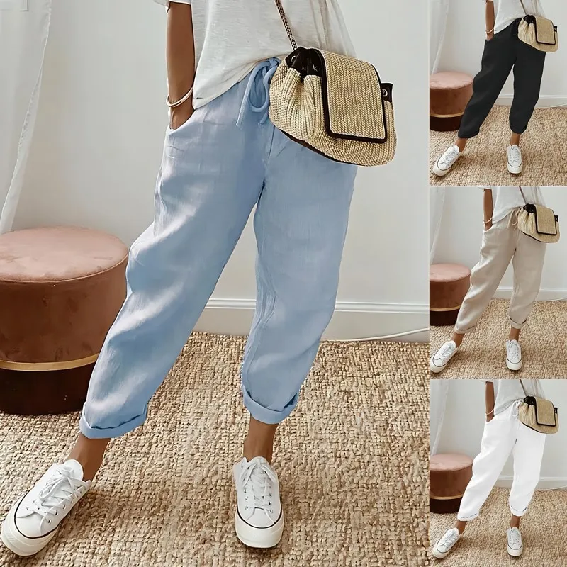 Women Blend Wide Leg Harem Pants Summer Fashion Elastic Waist Pocket Solid Ankle Trousers S-5XL Oversized LRFZ-911