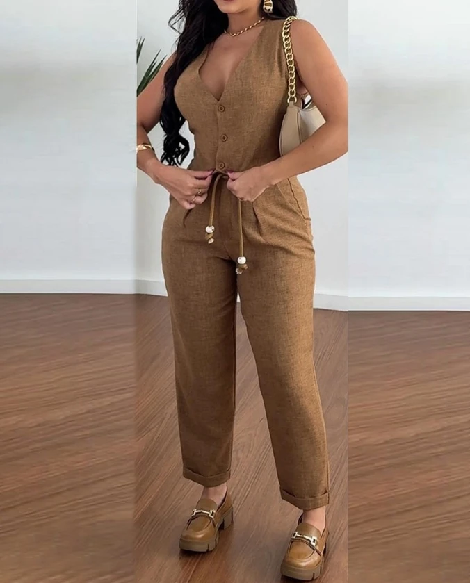 Women's Two Piece Summer Casual Solid V-Neck Sleeveless Buttoned Vest Top and Pocket Design Ruched Tied Detail Pants Set