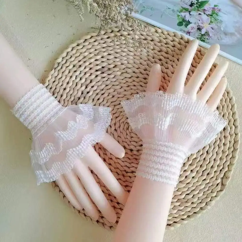 Description Picture 3 of item1Pair Sun Protection Arm Cover Sweater Decorative Gloves Detachable Sleeve Cuffs Fake Sleeve Lace Cuffs Ruffles Elbow Sleeve