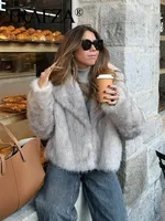TRAF 2024 Women Fashion Cropped Faux Fur Jacket Coat Long Sleeve Front Snap-button Female Outerwear Chic Lapel Collar Thick Coat 4