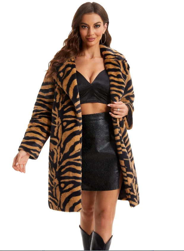 

New fashion zebra-print long lapel coat for autumn and winter