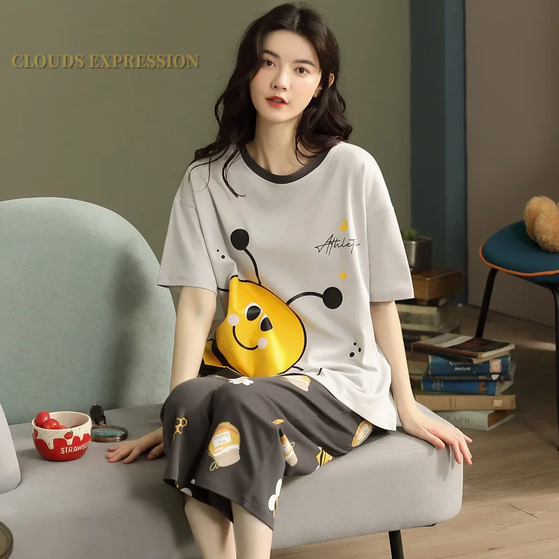 Women Pajamas Set Women Pajama Suit Summer Knitted Cotton Cartoon Pajamas Sets Women Pyjamas Sleepwear Nightwear Calf-Length Pants Homewear Plus Size