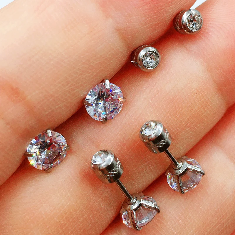 stud earrings 1 Pair 3-6mm Stud Earrings Set Hypoallergenic Double Round Cubic Zirconia Stainless Steel CZ for Girls Women
