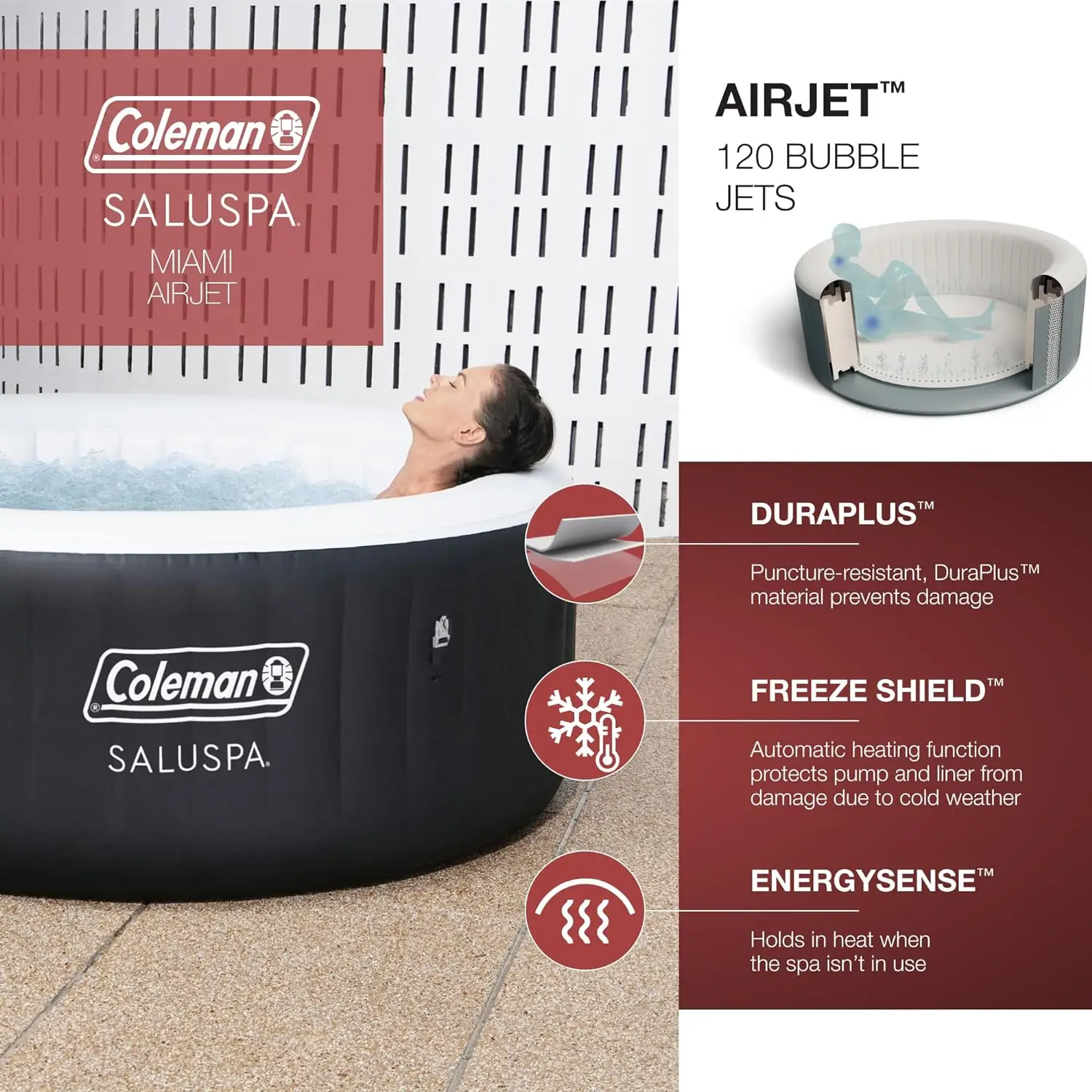 Miami AirJet Large Round 2 to 4 Person Inflatable Hot Tub Portable Outdoor Spa with 120 AirJets and EnergySense Cover, Black 3