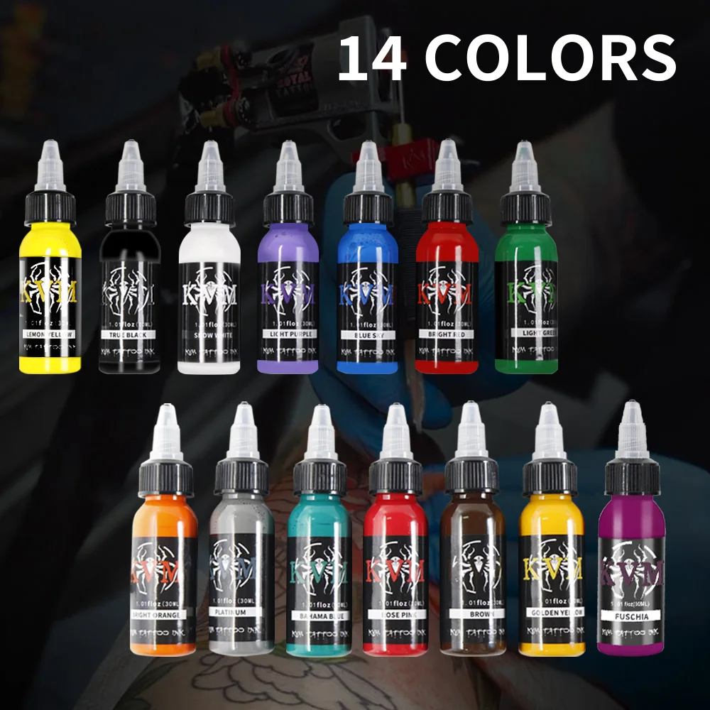 KVM 30ml 7/14 Colors Professional tattoo ink for body art natural plant micro pigment permanent tattoo ink tattoo ink tattoo ink pigment tattoo ink kit