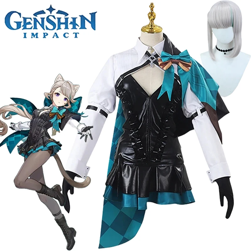 

Game Lynette Cosplay Costume Genshin Impact Cosplay Dress Wig Ear Tail Full Set Magician Assistant Halloween Costumes for Women