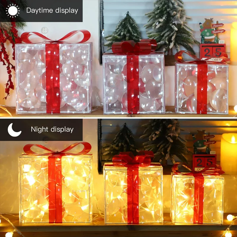 Christmas Glowing Gift Box Ornaments With Bow Warm White LED Light Box New Year Party Indoor Outdoor Home Xmas Tree Decoration