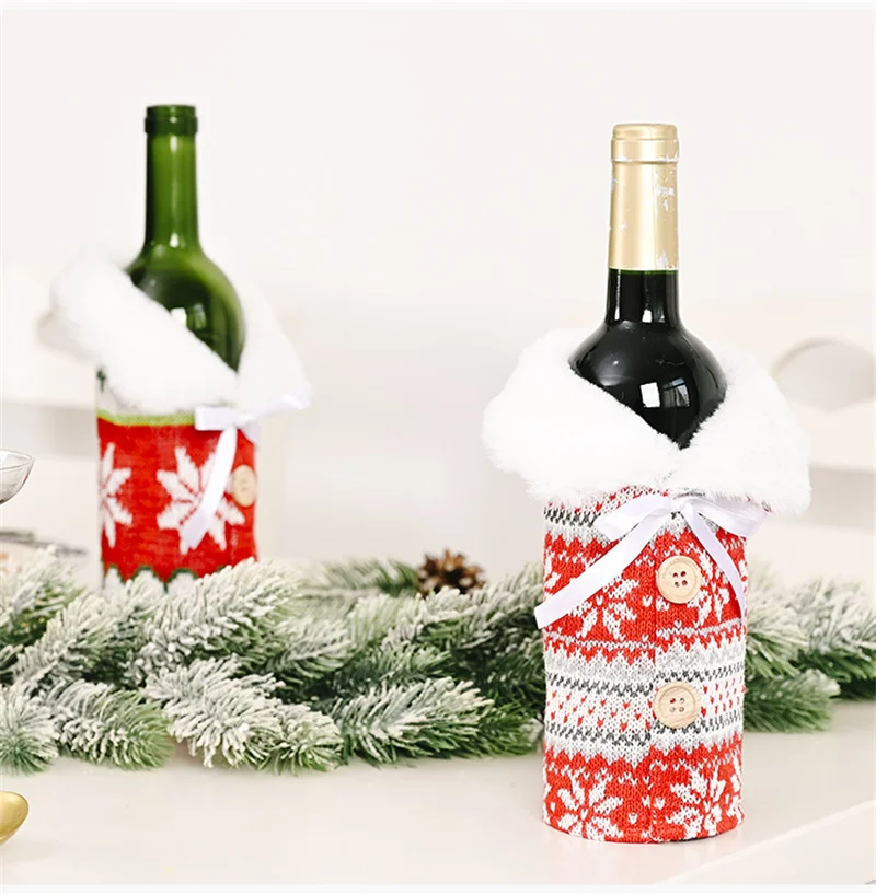 Description Picture 6 of itemChristmas Red sweater Wine Bottle Cover Christmas Decorations for Home Knitted snowflake Wine bottle bag Xmas Gifts Table Decor