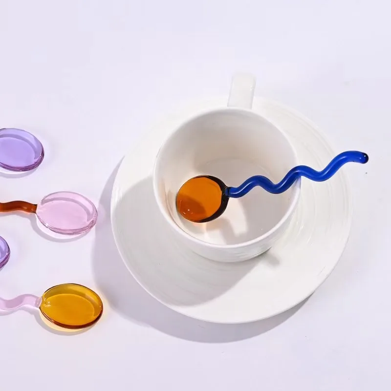 Creative Glass Milk Spoons Colored Transparent Coffee Dessert Stirring Spoon Long Handle Wave Stirrer Spoon Kitchen Tableware