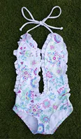 1-6years Kids Girls Swimwear Bodysuit Floral Printed Sleeveless Backless Bandage Ruffled One_piece Swimsuit For Infant Girls 6