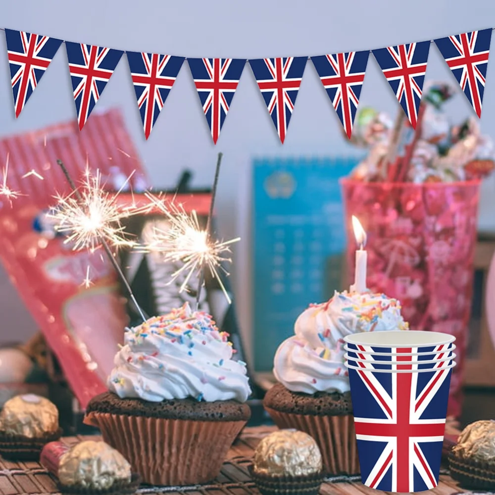 124Pcs UK British Flag Union Jack Party Supplies Tablecloth/Napkins/Cups/Paper Plates Dinnerware Set Hanging Banner Decoration 5