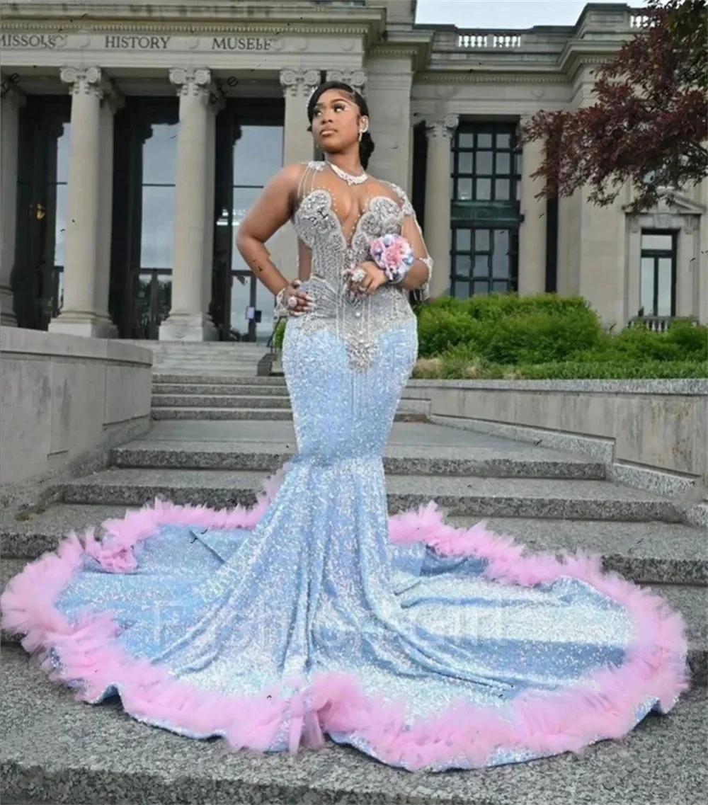 

Pink Tulle Ruched Blue Sequin Mermaid Prom Dresses Crystal Sparkly Dress Evening Dresses Long Luxury Party Gown Custom 2024
