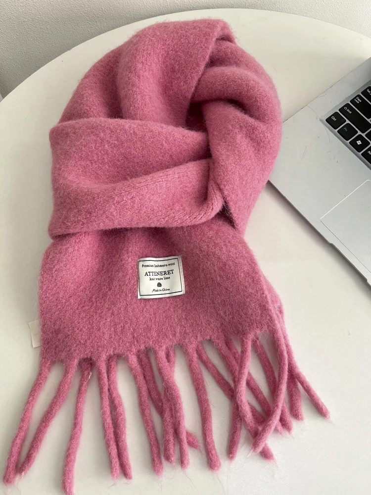 Thiened Woolen Fringed Scarf for Women Winter Warm Riding Ne Warmer Pure Color High-End Feelings Student Friendly Scarves - Image 5