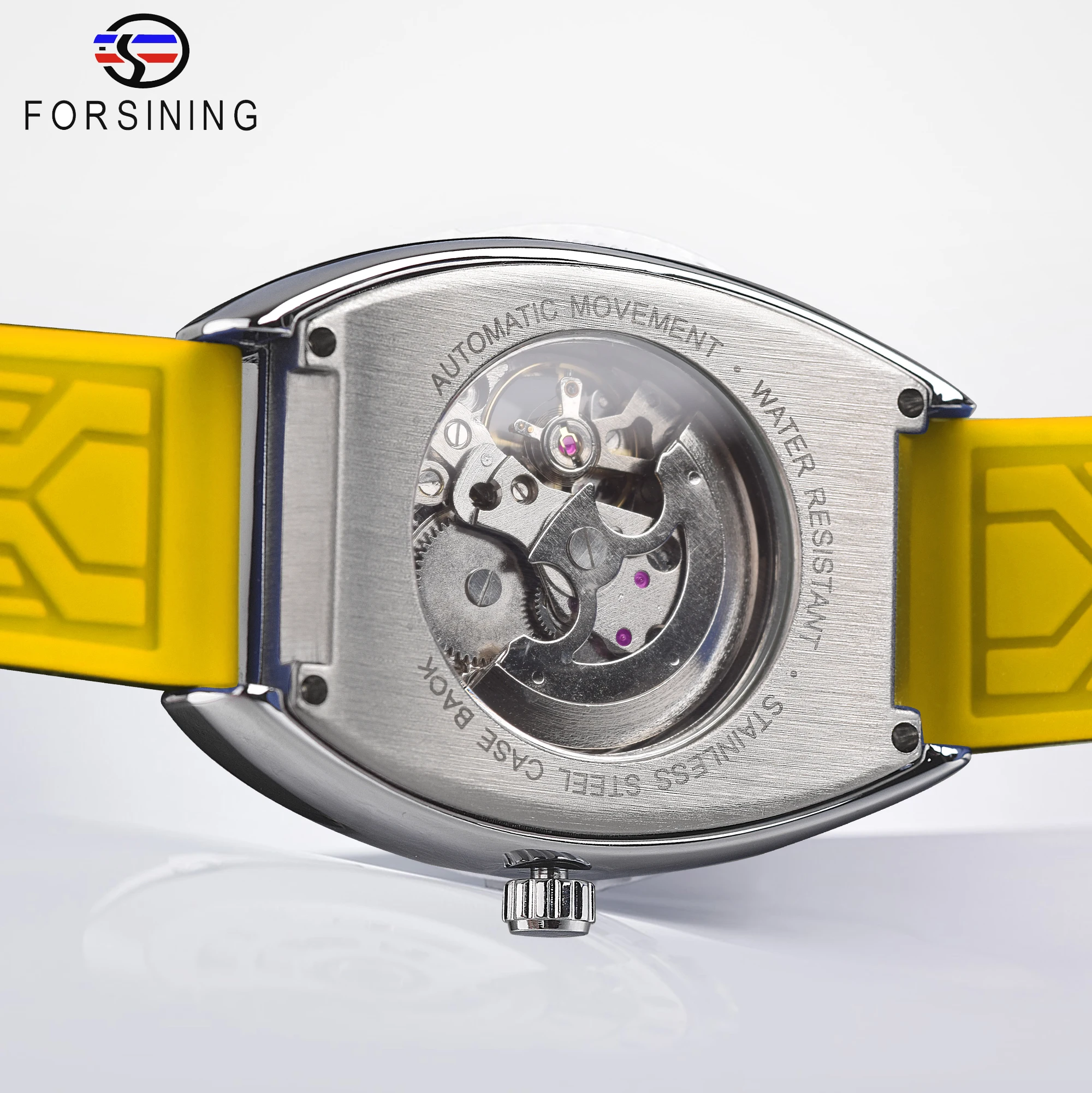 Forsining Skelett-Armbanduhr mit automatischem Aufzug, Gelb/Silber, für Herren, mechanisch, Militäruhr, rechteckig, für Herren, automatische Uhren_voghion.com