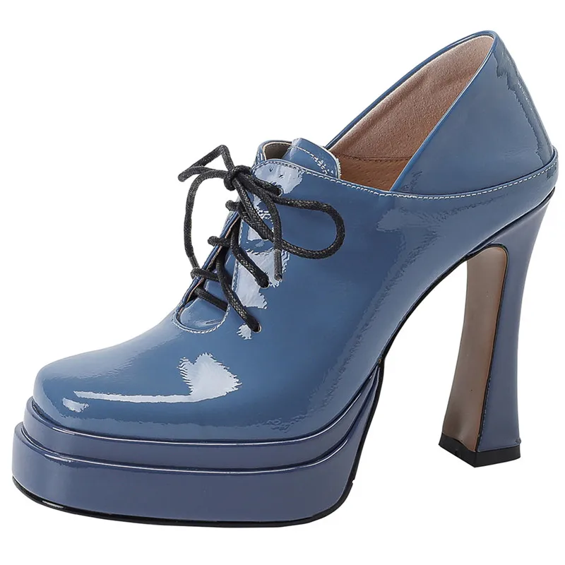 

2024 New Classics Patent Leather Women Pumps Lace Up Spring Ladies Dress Shoes Thick High Heels Platform Single Shoes