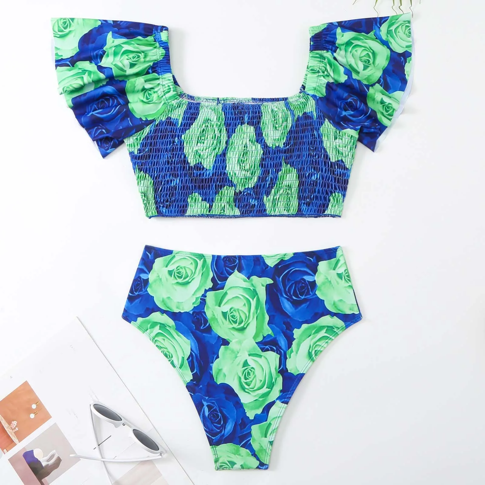 

Women Swimwear+ Cover Up Two Piece Vintage Floral Print Swimsuit Monokini Bikini Swimsuits Korean Fashion Elastic Tankini Set