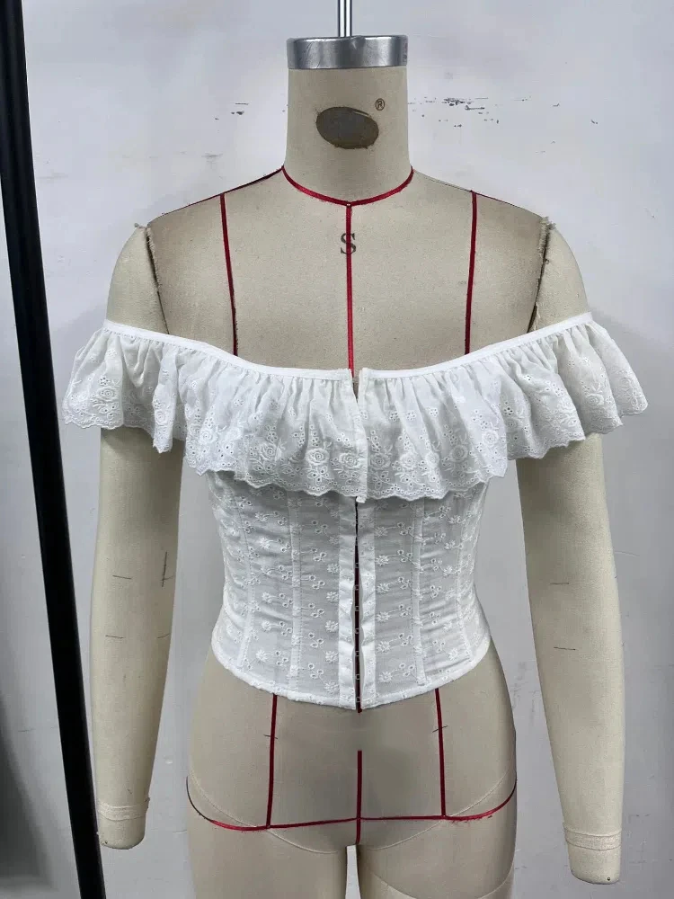 Back Lace Up Summer Top Women 2025 One Shoulder Sweet Hollow Out Corset  Lady Chic Crochet Flower Ruffled Sleeveless Camisole