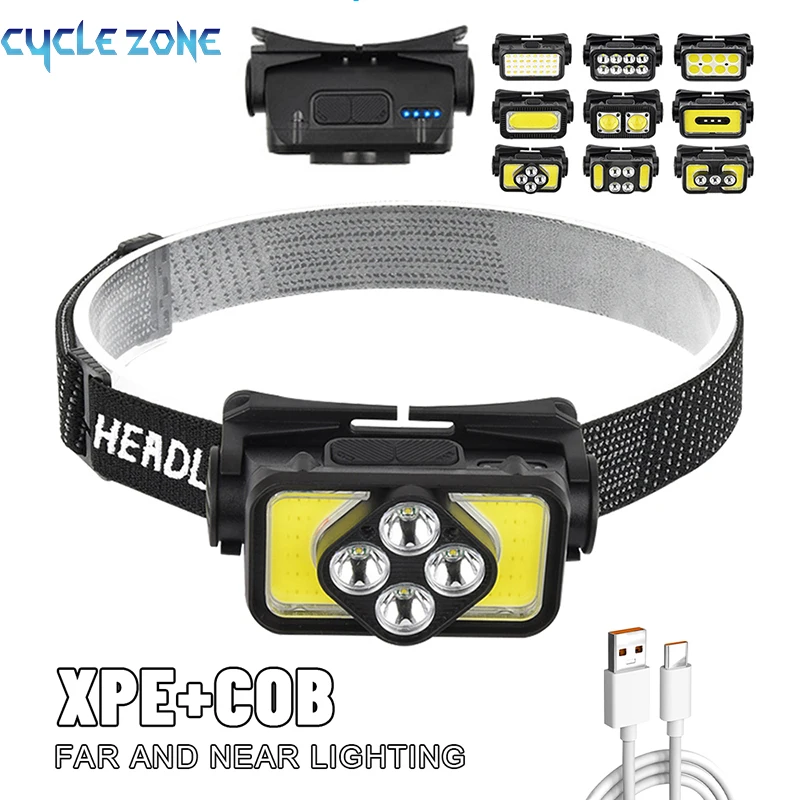 

High Light 8 LED Headlight Inductive Running Fishing Headlamp Outdoor Camping Lantern Rechargeable 18650 Battery COB Head Lamp