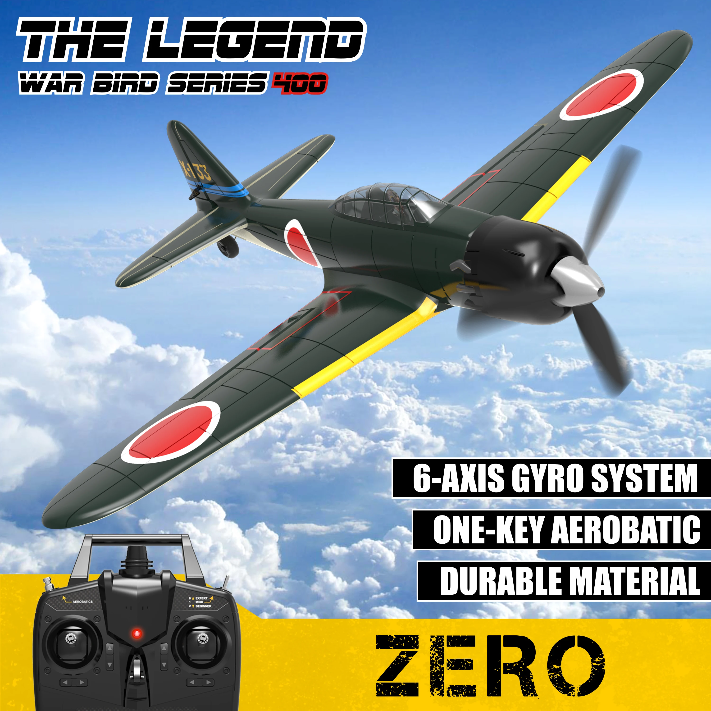 Avion RC T28 V2 P51 Spitfire FW190 – Planeur 2.4G 3CH en vol, ailes déployées dans le ciel bleu.