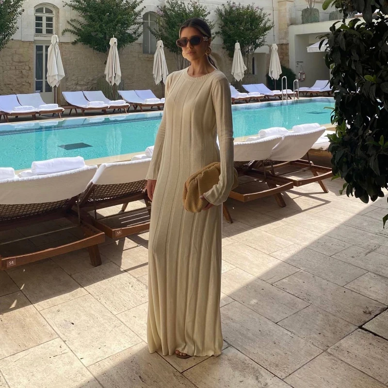 

Elegant Knitted Pleated Maxi Dress Women Rose Long Sleeves Ribbed O-neck A-line Dresses Female Casual Lace Up Chic Lady Robe