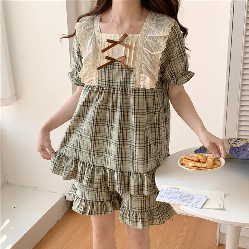 

Princess Cute Plaid Lace Pajama Set Summer Home Clothes Out Wear Women Sleepwear Ruffles Cotton Linen Soft Breathable Night S169