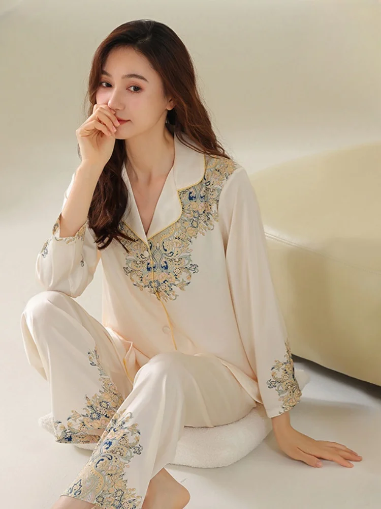 Spring Summer Women's Thin Ice Snow Silk Pajamas Set Long Sleeve Pants Loose Simulation Silk Home Suit Luxury Printing Sleepwear