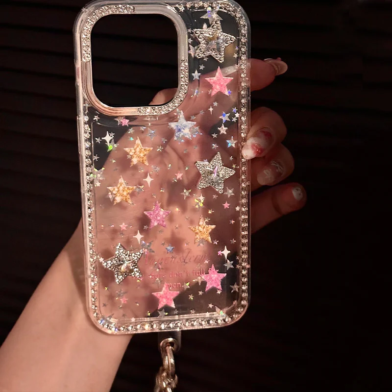 Dopamine Diamond Studded 3D Star Phone Case with Chain