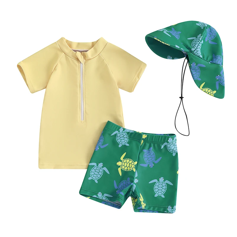 Toddler Boys Rash Guard Sets 3 Piece Swimsuit Suits Short Sleeve Tops Turtle Print Swim Trunks Swim Cap Bathing Suits