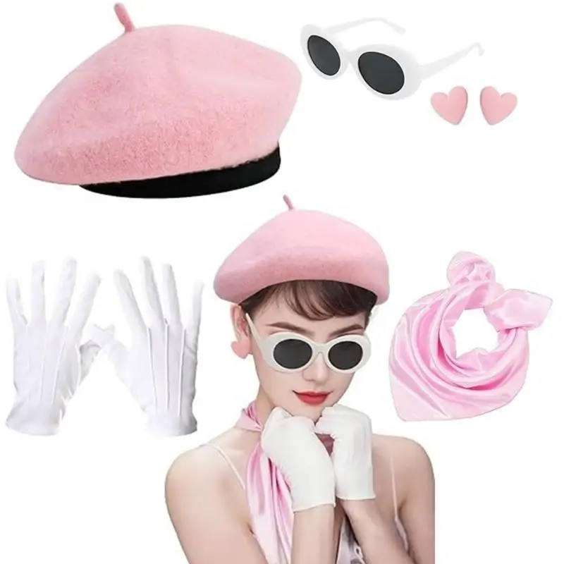 39BD Women 1980s Cosplau Outfit Accessories Hat Glasses Heart Earring Scarf Gloves for Halloween Cosplay Theme Party - 3