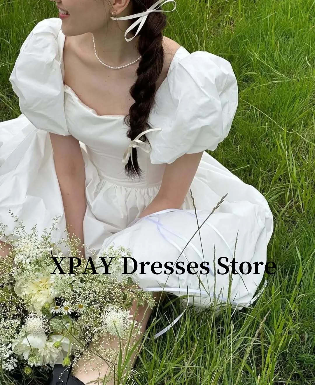 XPAY Puff Short Sleeves A Line Mini Wedding Party Dresses Square Neck Taffeta Bride Gowns Corset Back Customized 2