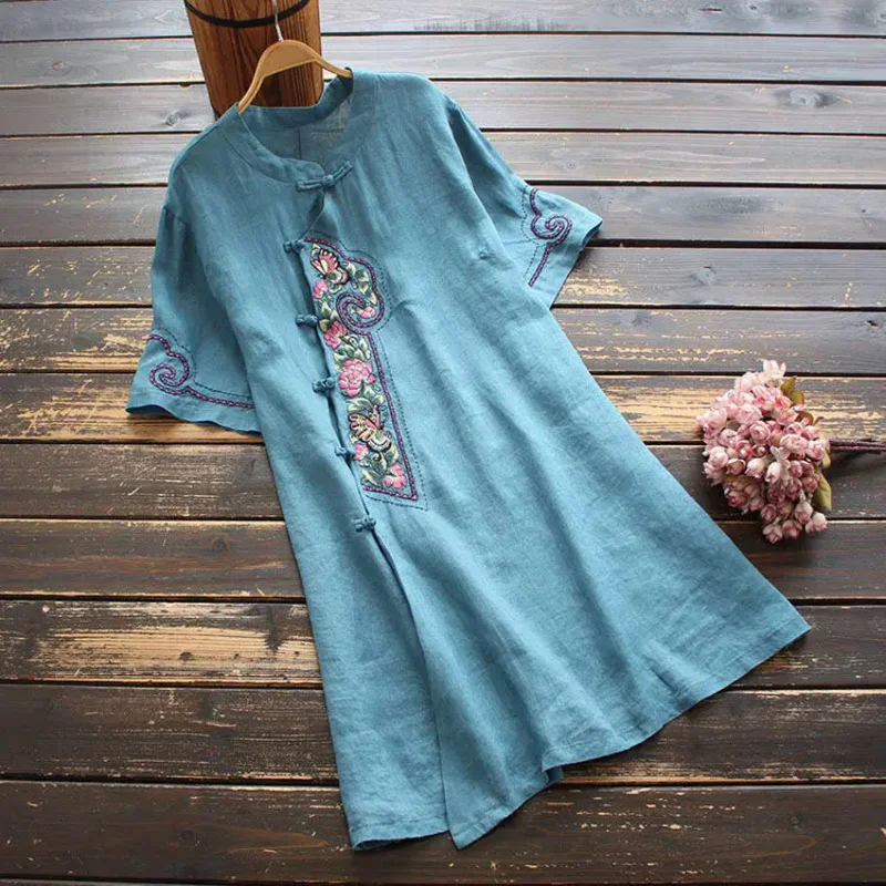 

Chinese Style Clothing Women Clothes 2024 New Summer Chinese Cheongsam Tops Embroidered Shirt Blouse Cotton Linen Hanfu Ladies