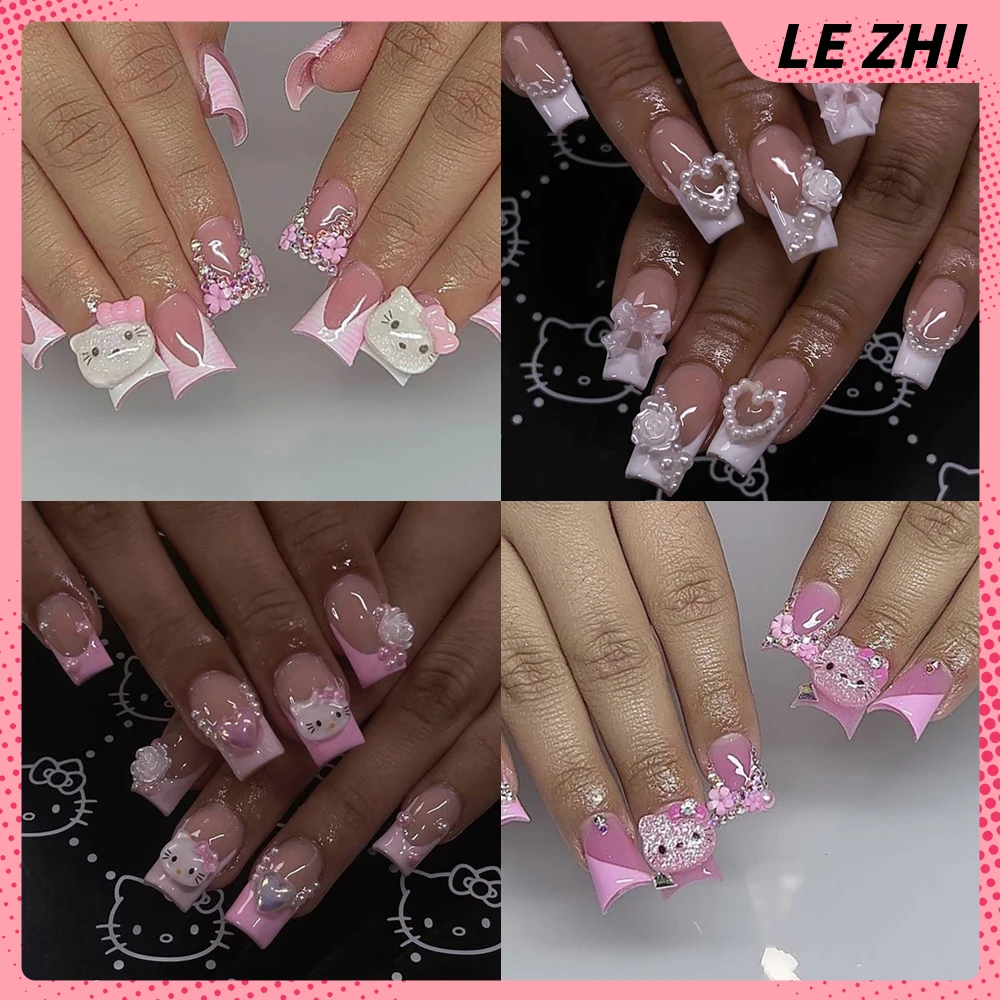 

Handmade Y2K Duck Web Hello Kitty Nails Art French Short Pink Pearl Nude Bow with Stars Zebra Print Leopard Print Nail Tips Gift