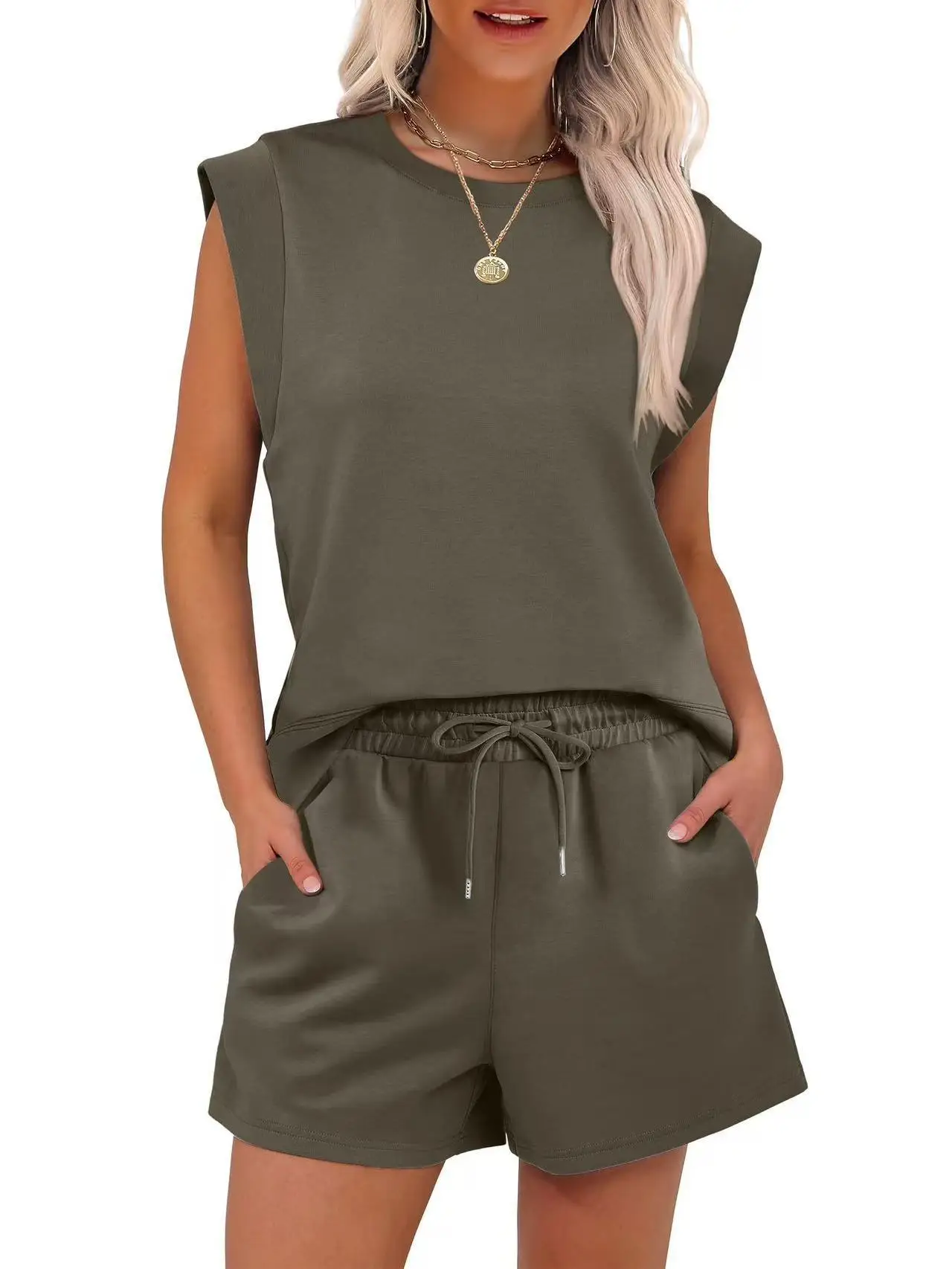 Women'S Summer Two-Piece Set Round Neck Cap Sleeve Top With Pocket Shorts Set 2025 New Women Slim Tops + Shorts Sets 6