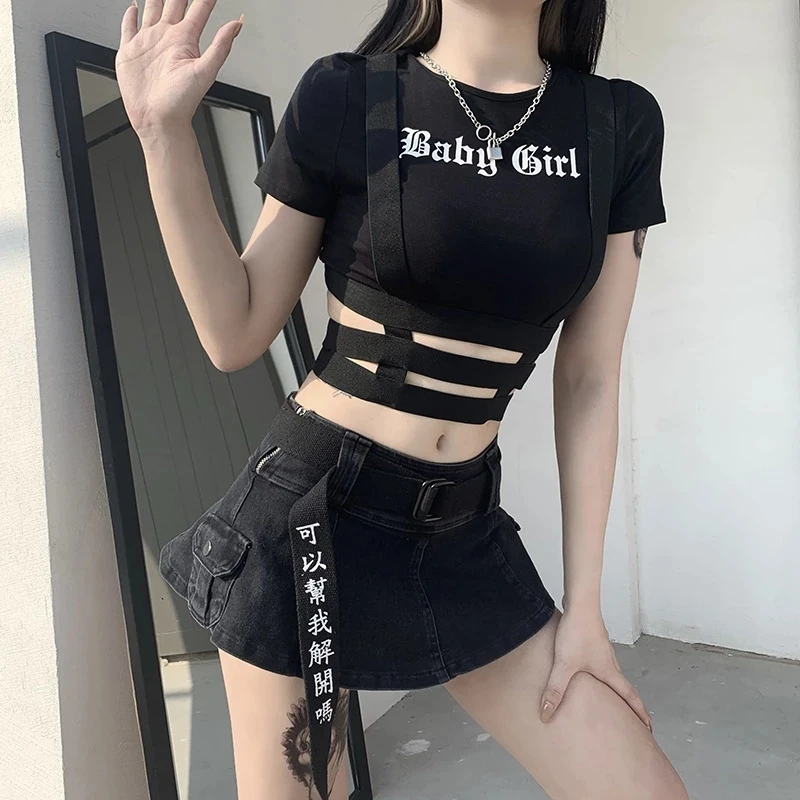 

Streetwear Punk Hollow Out Black T Shirt Harajuku Goth Letter Print Bodycon Short Sleeve Top Women Sexy Basic Crop Tops