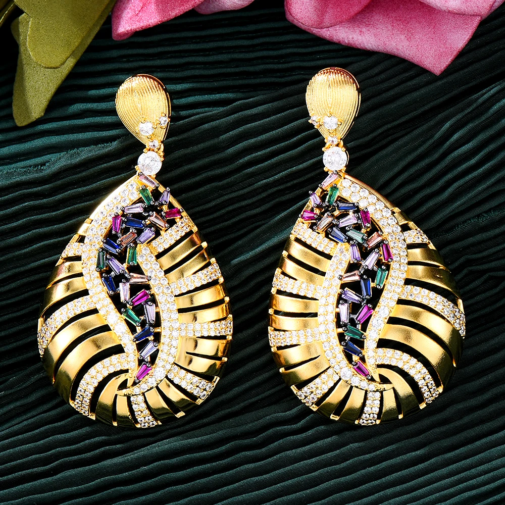 Missvikki Luxury DUBAI Hollow Dangle Earrings Shiny Cubic Zircon Drop Earring For Bridal Wedding Party Accessories High Quality