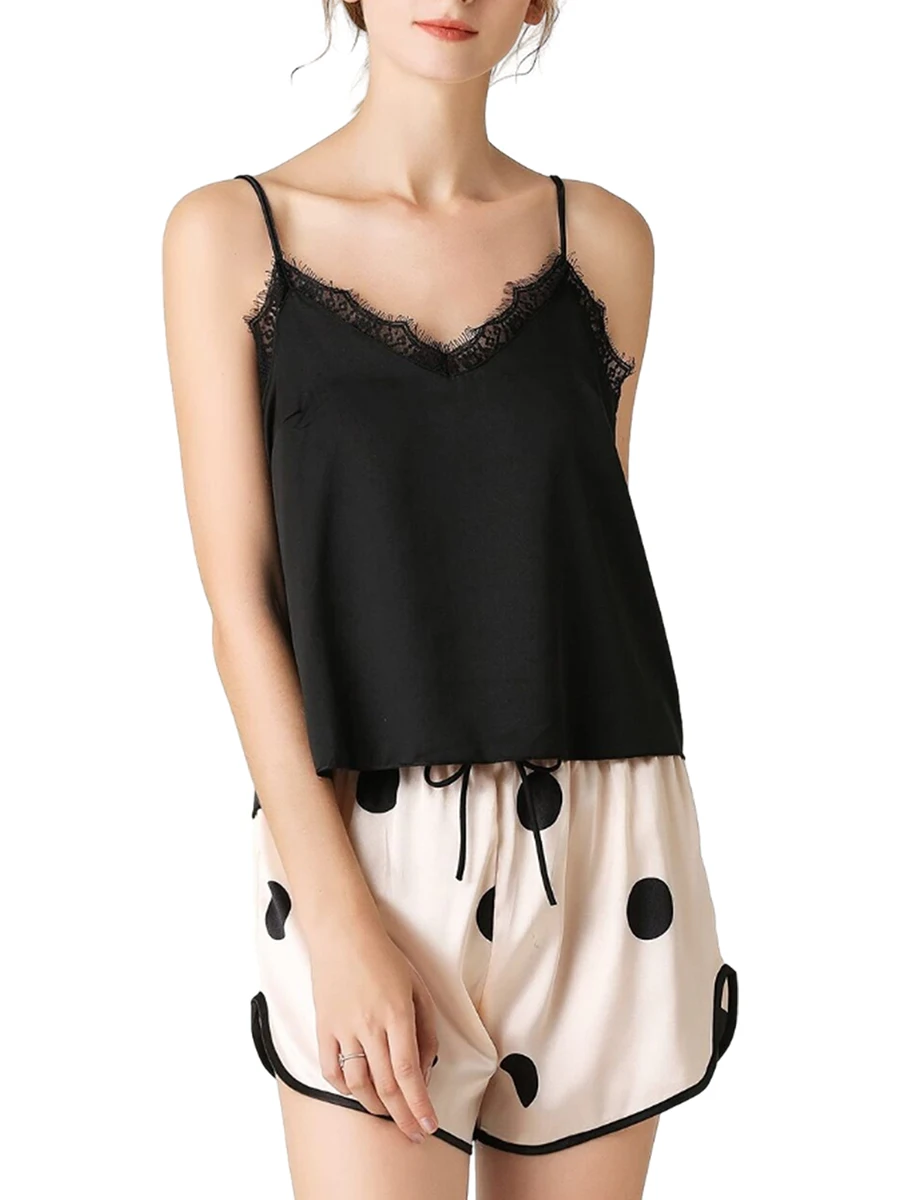 

Women Satin Silk Pajamas Set Love Print V-Neck Cami Sling Tank Tops Ruffles Shorts Loungewear Sleepwear 2Pcs Outfits
