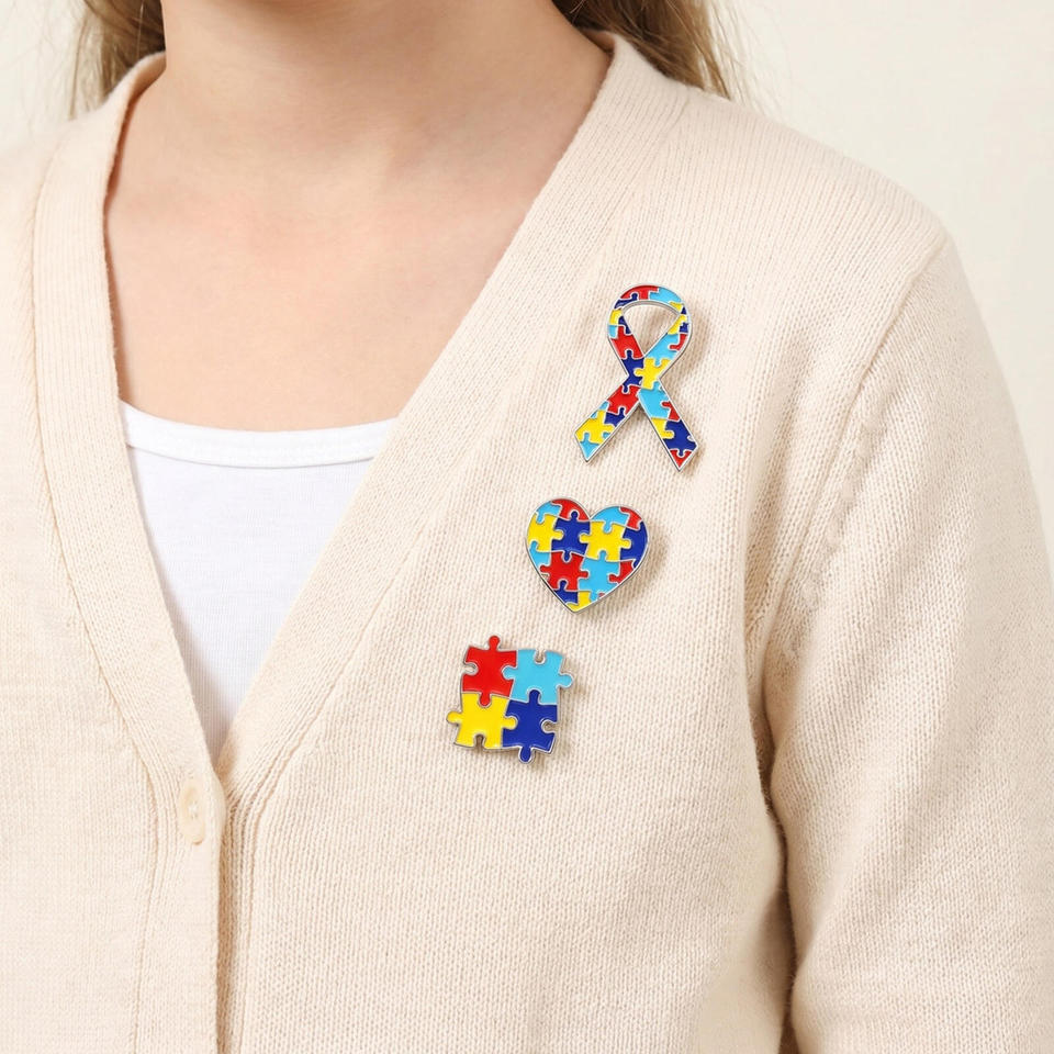  Autism Awareness Brooch Pin, Colorful Jigsaw Puzzle Ribbon Heart Enamel Badge, Fashion Jewelry Gift for Medical Teacher 