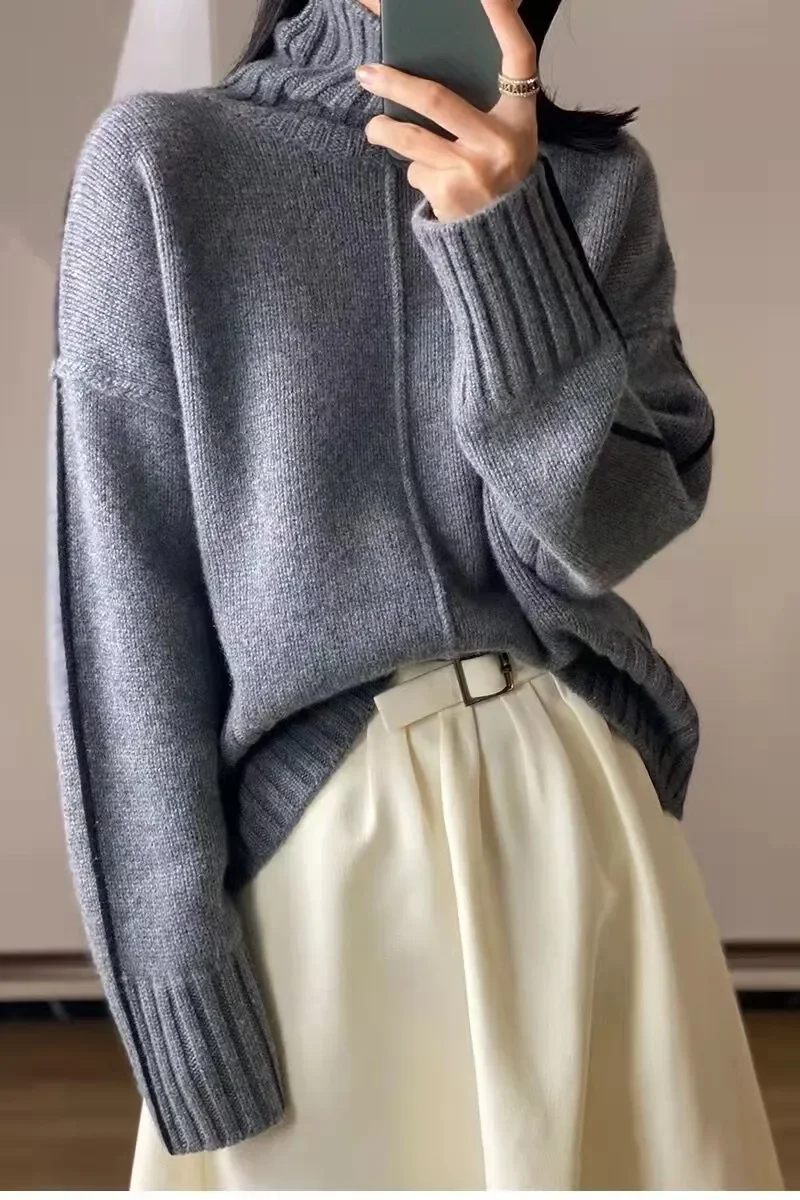 여성용 순수 캐시미어 터틀넥 스웨터 루즈핏 두꺼운 바닥 풀오버 컬러 매치 가을, 겨울을위한 유럽 스타일