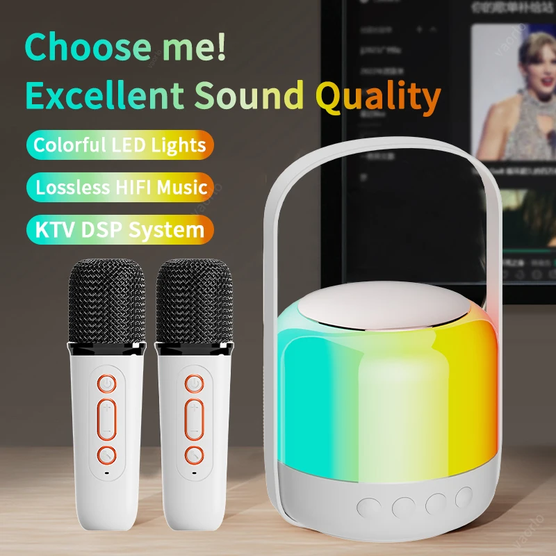 RGB Colorful LED Light Bluetooth 5.3 PA Speaker Wireless Dual Microphones Karaoke Machine KTV DSP System 3D HIFI Stereo Surround