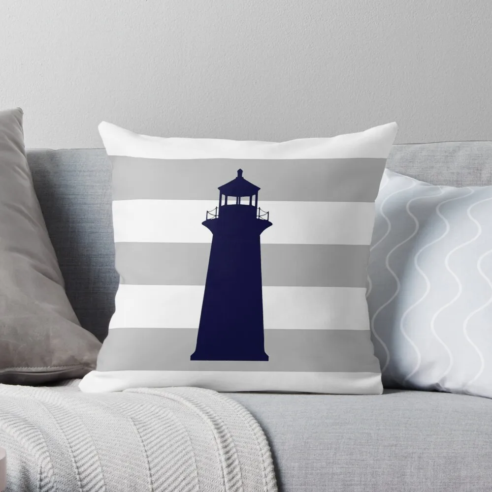 

Nautical Navy Blue Lighthouse On Silver Gray Stripes Throw Pillow Pillowcases Sitting Cushion Cushions Home Decor