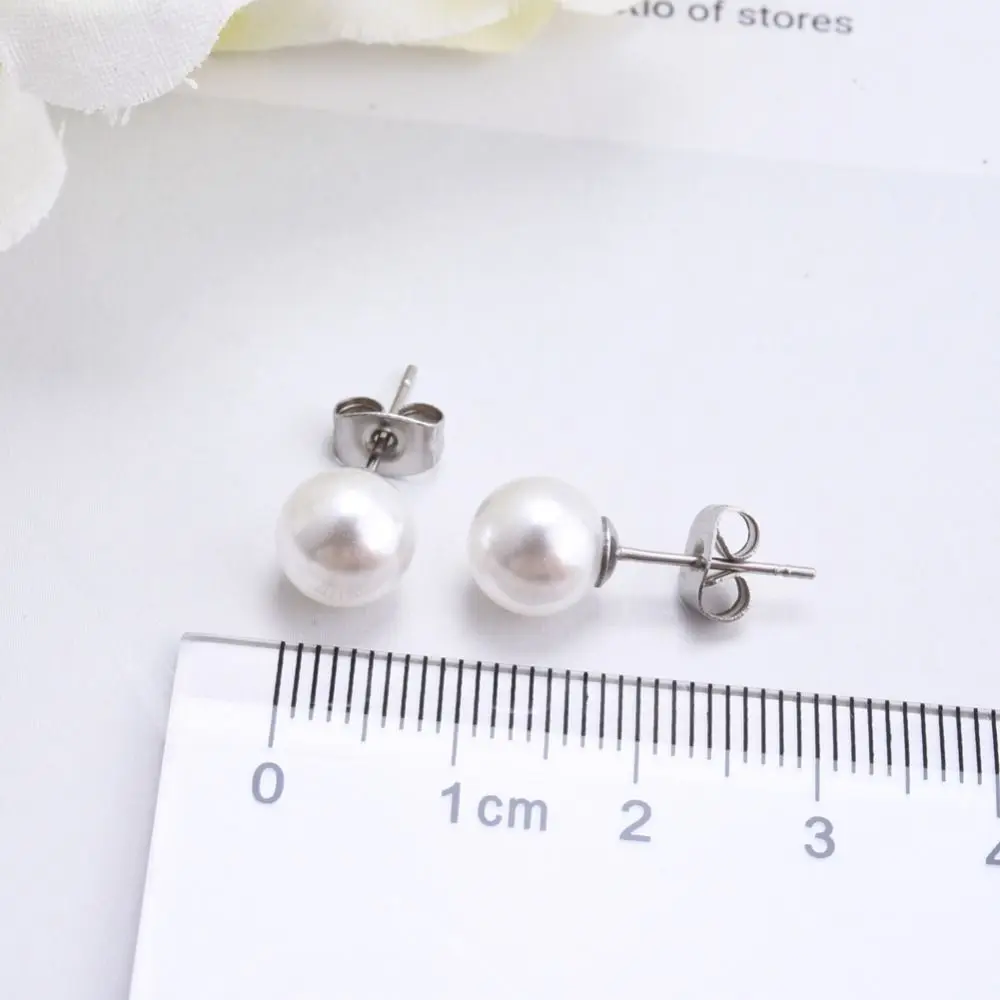 Pearl Stainless Steel Stud Earrings for Women 5mm 8mm Size Imitation Pearl White Daily Accessory Classic Fashion Jewelry