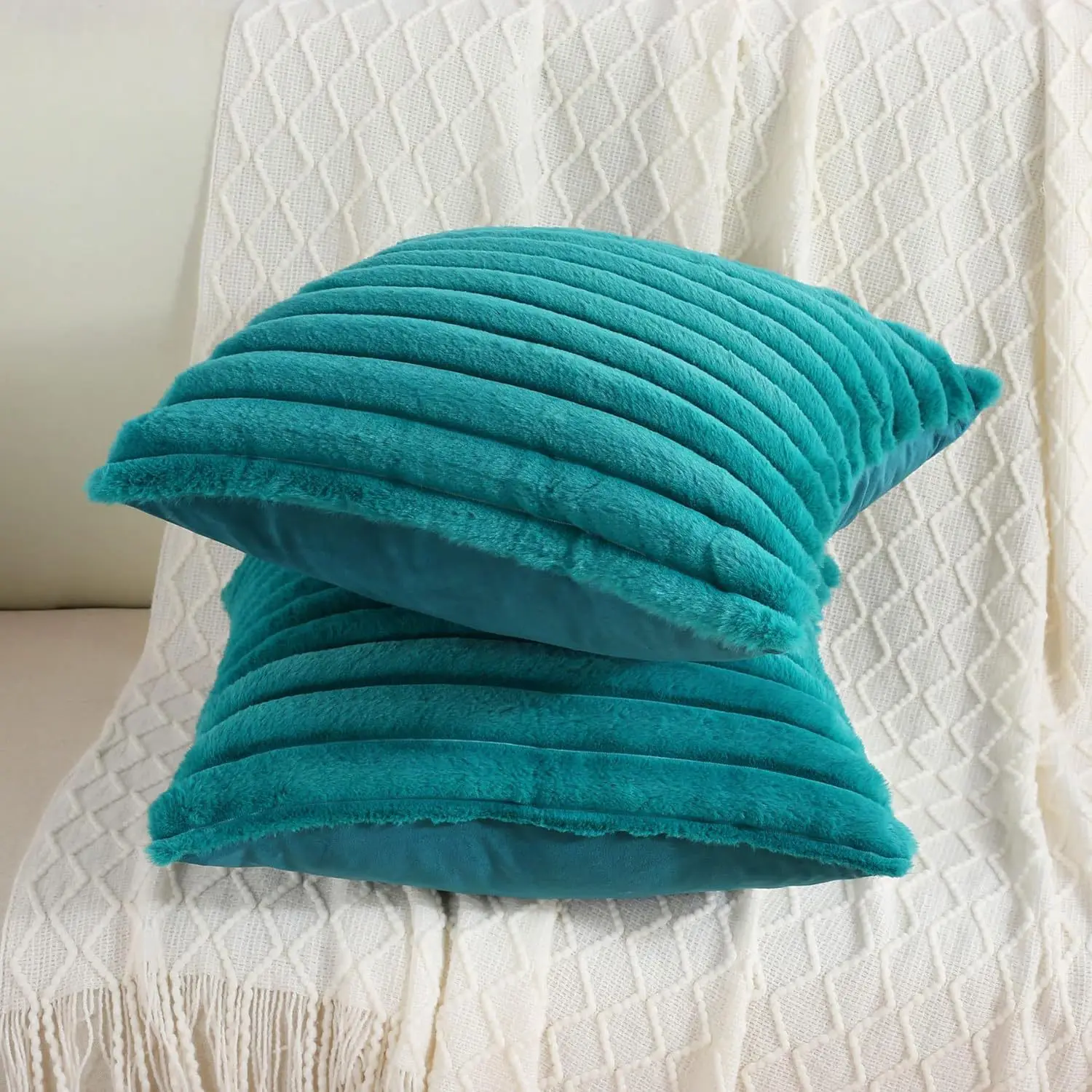 Luxurious Faux Rabbit Fur Striped Cushion Cover – Super Soft Solid Color (24×24 inch)