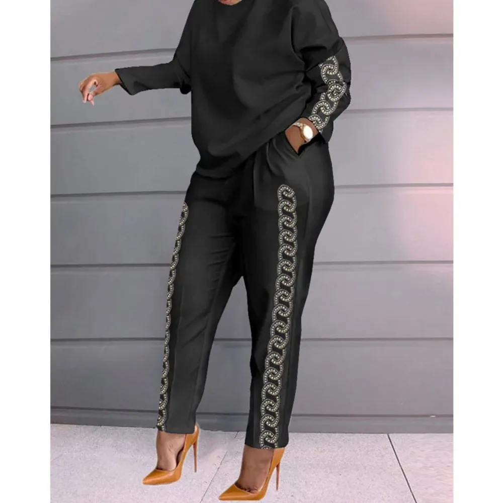 2024 Long Sleeve Women Loose 2 Piece Set Drawstring Design Pockets Plaid Print Long Sleeve Top & Pants Set Tracksuits Outfits