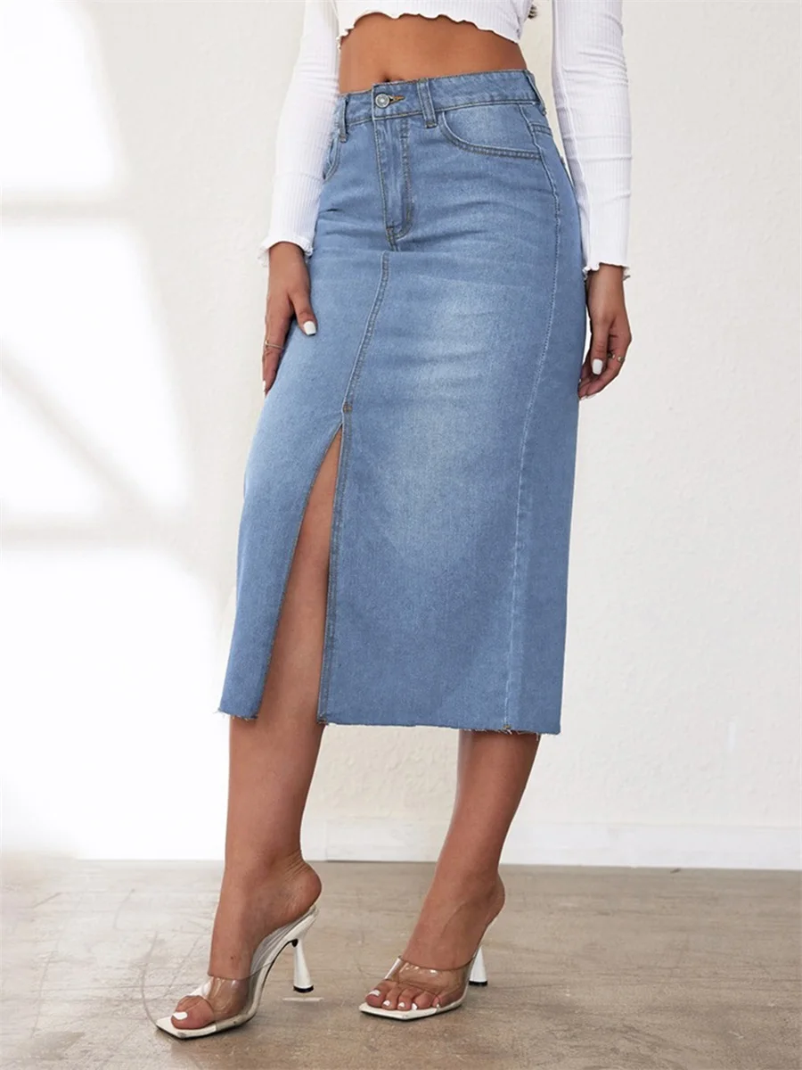 Women s High Waist A-Line Denim Skirt with Button Front Closure and Side Pockets Vintage Washed Jean Midi Skirt Casual Long