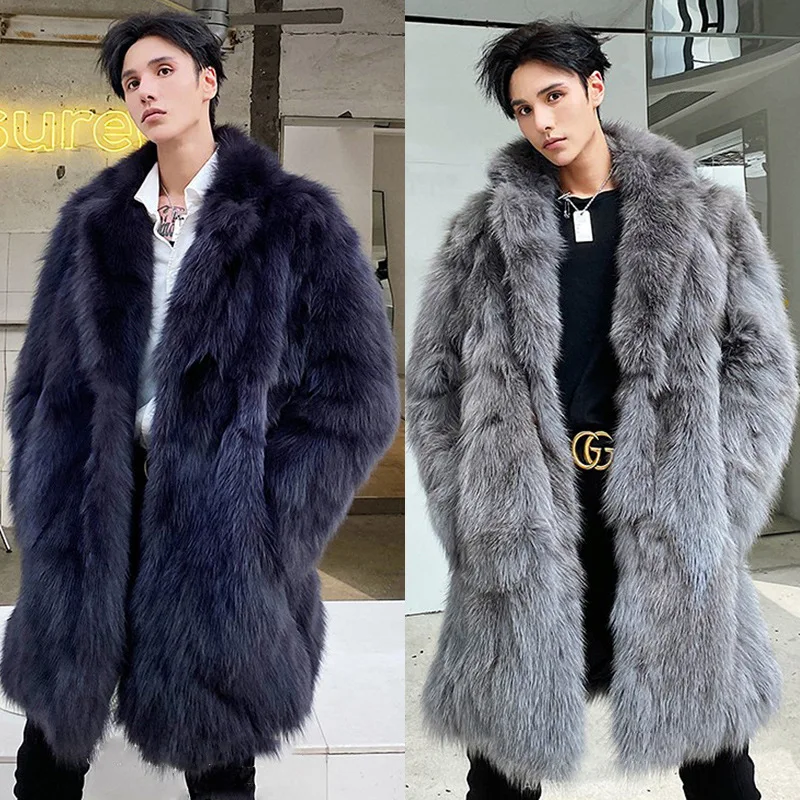 Luxury Brand Winter Faux Fur Coat Men Fake Fur Coat Mid-length Windbreaker Windproof Thick Warm Long Sleeve Casual Men Clothing