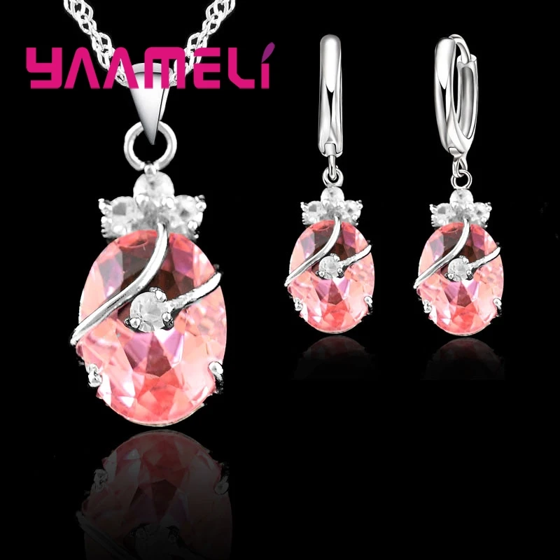 Jewelry Sets For Women 925 Sterling Silver Crystal Stone Pendant Charms Wedding Necklace Hoop Earrings