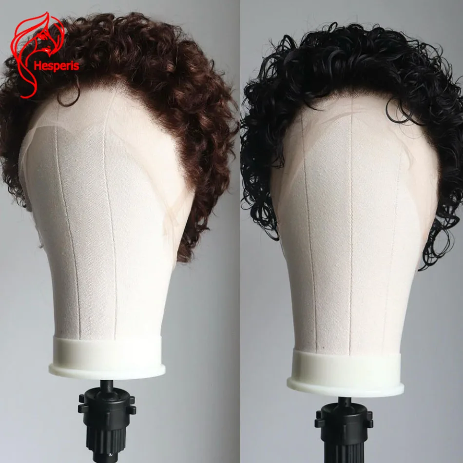 Hesperis Brown Curly Full Lace Human Hair Wigs Brazilian Remy Pixie Cut Curly Bob Full Lace Men's Wig Short Curl Boy Wig