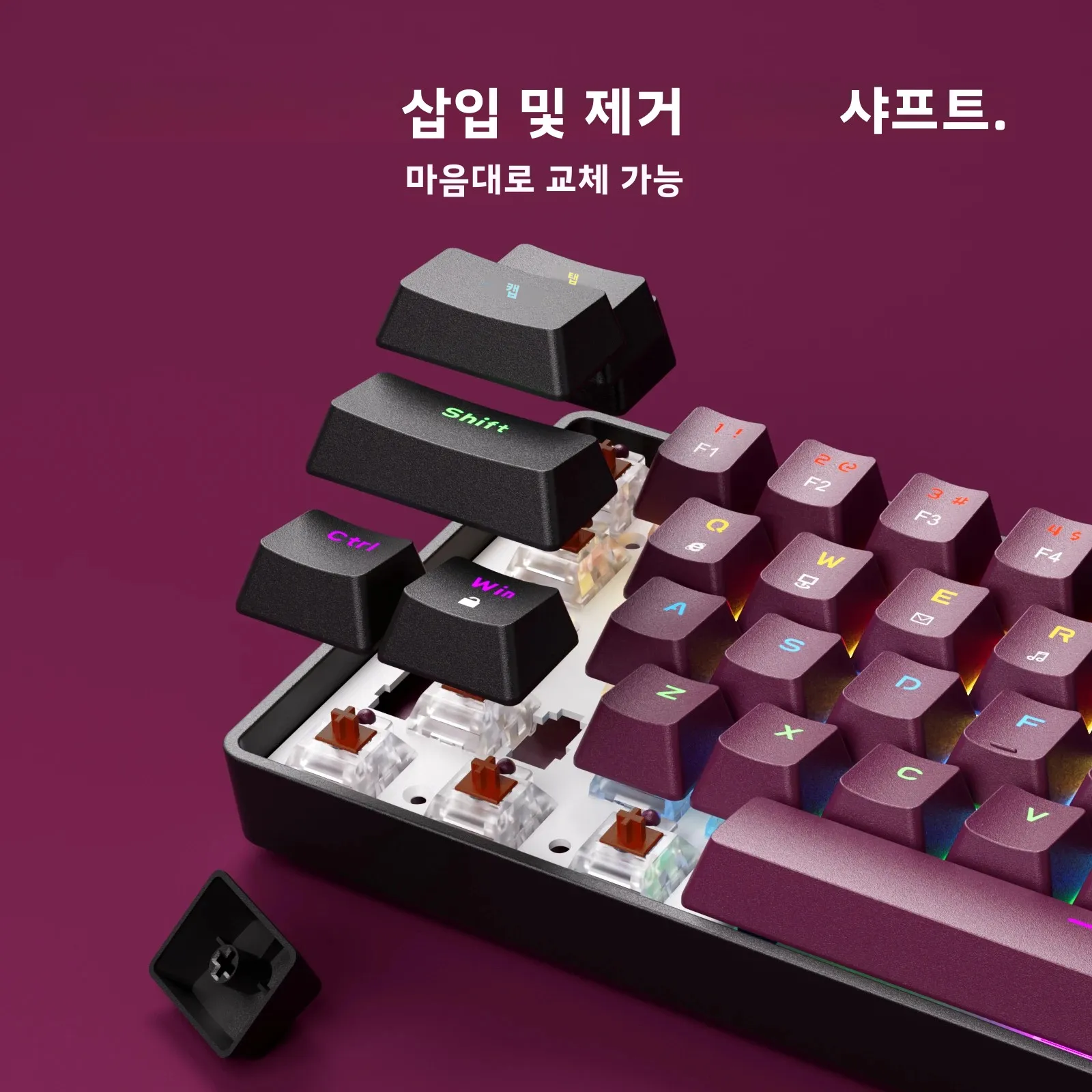 컴팩트 유선 게이밍 기계식 키보드 68키 핫스왑 가능 65% 레이아웃 LED 백라이트 OEM 키캡 PC 지원